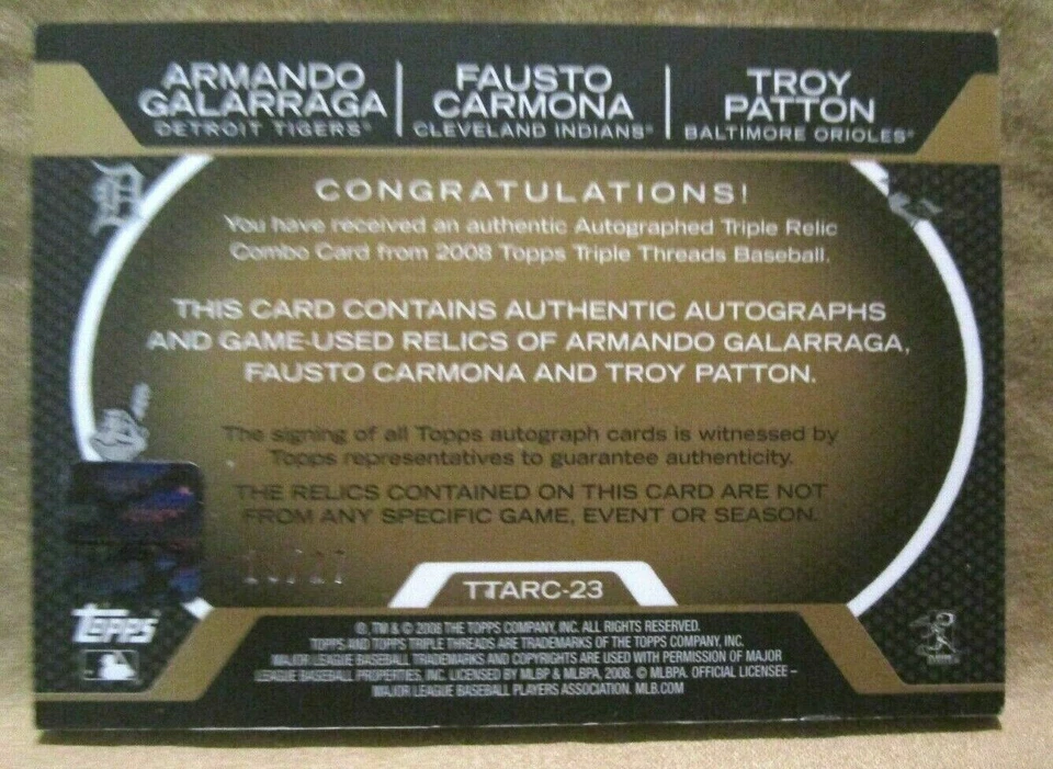 Galarraga/Carmona/Patton 2008 Topps Triple Threads Trio GU parche/auto #19/27!!!! Foto 2 de 3