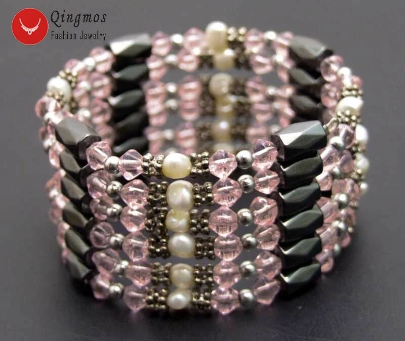 Brazalete de perlas blancas naturales barrocas de 4-5 mm para mujer cristal rosa hematita 36"" Foto 4 de 4