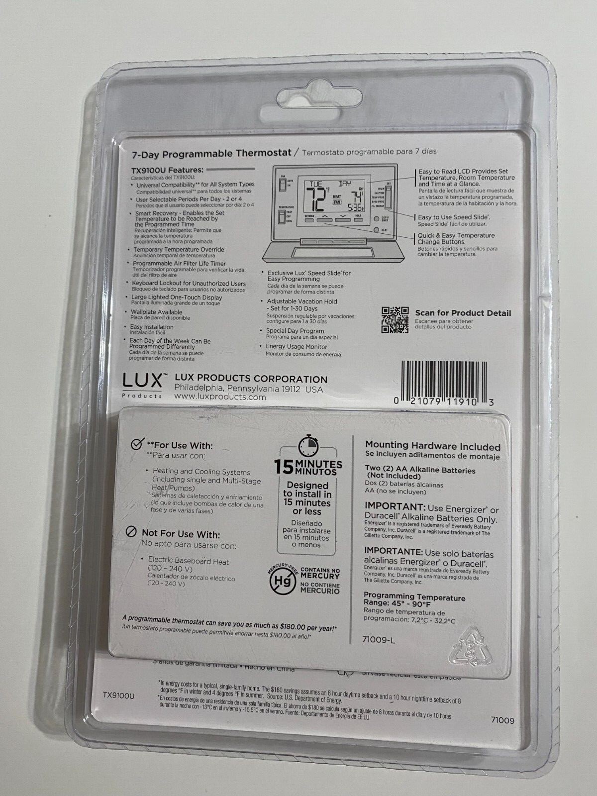 NEW LUX TX9100U 7 DAY PROGRAMMABLE THERMOSTAT IN ORIGINAL PACKAGING NEVER OPENED