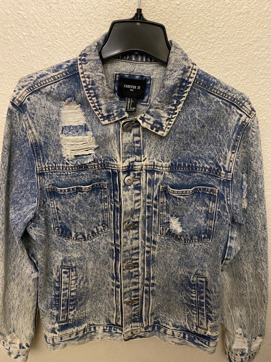 Forever 21 Men's Distressed Denim Trucker Jacket Acid Wash