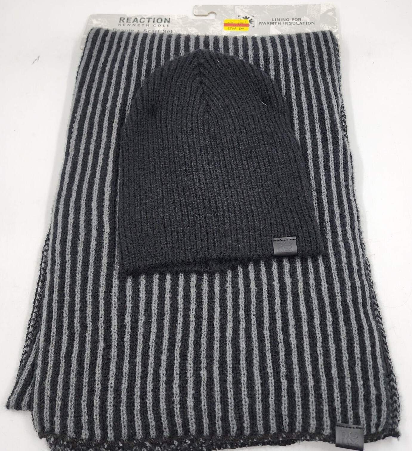 Kenneth Cole Reaction 2-Pc Herringbone Wrap Scarf - Beanie Set Mens Black Logo 3290₽