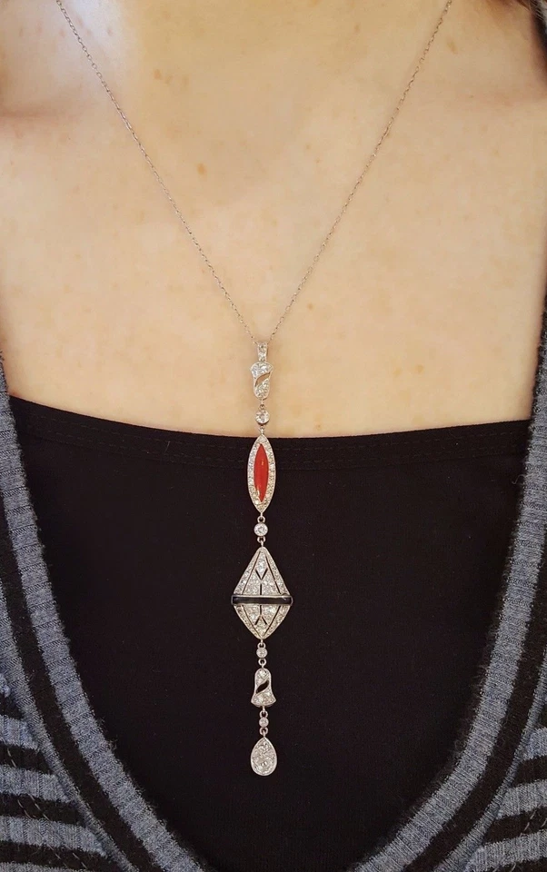 Vintage Diamond & Enamel Drop Necklace in 18k White Gold & Platinum- HM1712SI