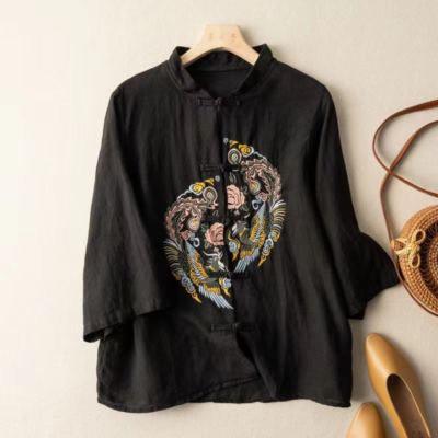 Chemisier Femme Brodé Style Chinois - Boutons Grenouille, Ethnique Rétro, Neuf Avec étiquettes