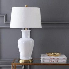 Table Lamp Classic Ceramic Linen Drum Shade White Gold Brushed Brass Home Decor