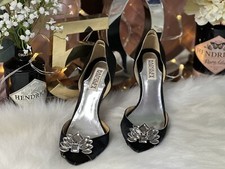 BADGLEY MISCHKA BLACK SATIN D  ORSAY OPEN TOE RHINESTONE EMBELLISHED HEELS 6.5