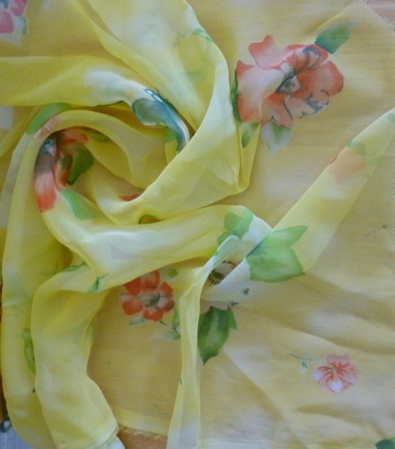 Sheer Yellow Floral FABRIC 58"W X 25" w Pink and Green, Light Weight 2 Selvedges - Picture 2 of 2