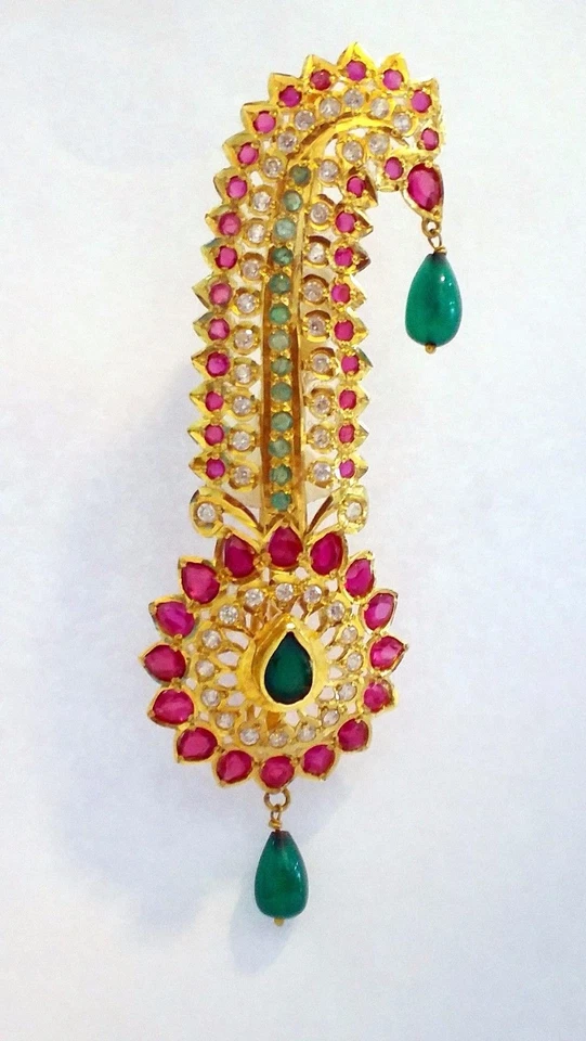VINTAGE REAL RUBY, EMERALD & CZ  22K YELLOW GOLD BROACH PIN PUNJABI TURBAN GIFT  - Image 2 of 3