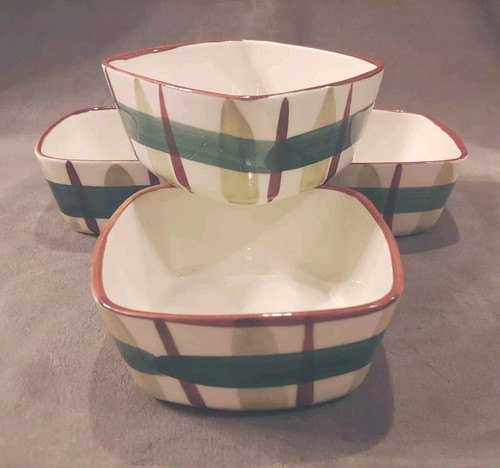 Set of 4 Blair Gay Plaid Cereal Bowls 5" Green Brown USA Vintage