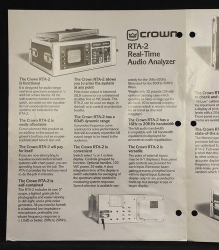 CROWN RTA-2 REAL-TIME AUDIO ANALYZER PRODUCT / SALES BROCHURE - Picture 2 of 4
