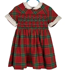 Handmade Vintage Red Smocked Buffalo Plaid Short Sleeve Peter Pan Collar Size 3