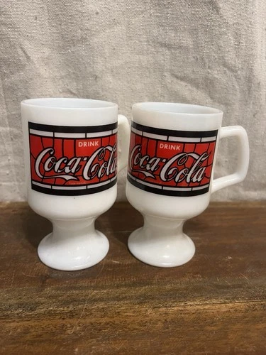 Vintage Set of 2 Coca Cola White Milk Glass Pedestal Mug Red Stained Glass