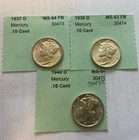 Mercury Silver Dimes - Lot of 3 - Uncirculated High Grade Coins 1937-1938D-1940D