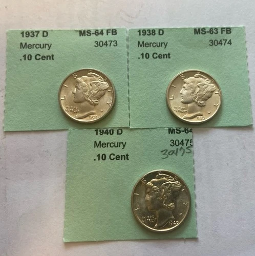 Mercury Silver Dimes - Lot of 3 - Uncirculated High Grade Coins 1937-1938D-1940D