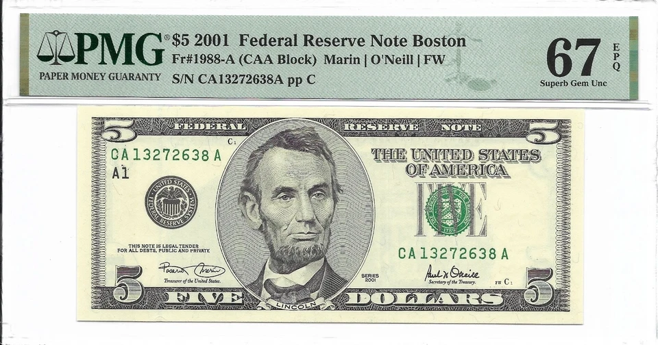 2001 $5 BOSTON FRNs. 3 Consecutive PMG SUPERB GEM Uncirculated 67 EPQ Banknotes. - Image 4 of 4