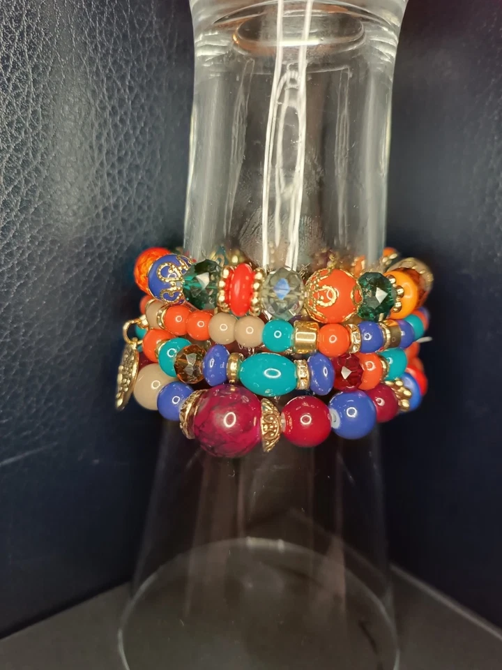 4fach- Perlen Stretch Armband mit Herz rot/blau/orange  - Bild 4 von 4