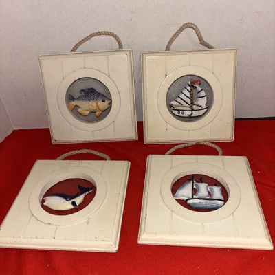 4 Mini 3D Scene w Fish-Boats Wall Hanging Art~Coastal - Lake House Decor-4.75 