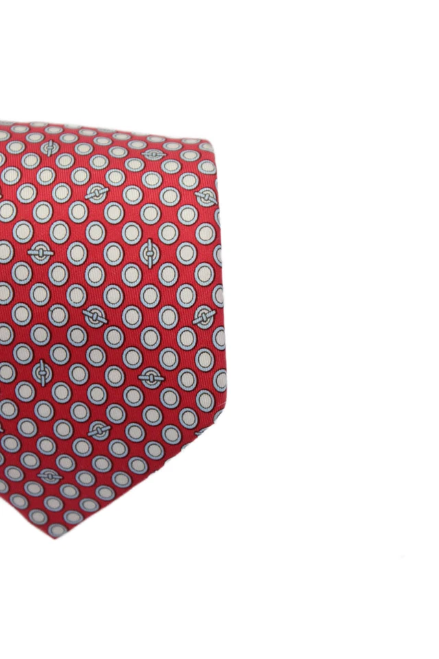 Corbata ancha Hermes para hombre con estampado de círculo geométrico de seda roja azul Foto 2 de 4