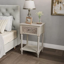 COSIEST Vintage Nightstand, MDF 2-Tier Bedside Table, Wood Accent End Table wit