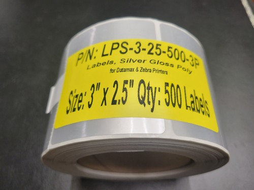 Silver Polyester Mylar Thermal Printer label roll,3" x 2.5",3" core,perf,qty 500 - Picture 2 of 2