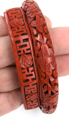 2 Vtg Carved Cinnabar Lotus Flower 8" Bangle Bracelets Red Chinese Lacquer - Picture 12 of 12