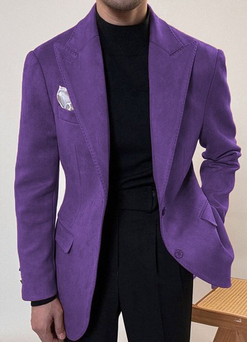 Suede Fashion Men's Suits Peak Lapel Business Tuxedos Wedding Groom Prom Blazer - Picture 24 of 28