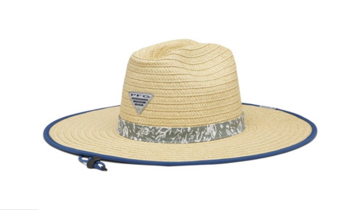 Columbia PFG BAHA Straw Sun Hat Tropical Floral Tan Beach Tiki Gray Size L/XL