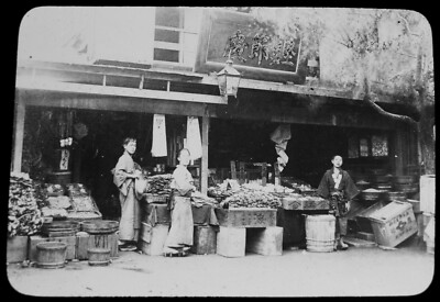 CHINESISCHER GEMÜSELADEN UNBEKANNTER STANDORT UM 1900 Magische Laterne Dia FOTO