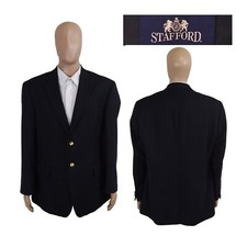 Stafford Hopsack Gold Buttons Dark Navy Blue Wool Blend Blazer Jacket 44R
