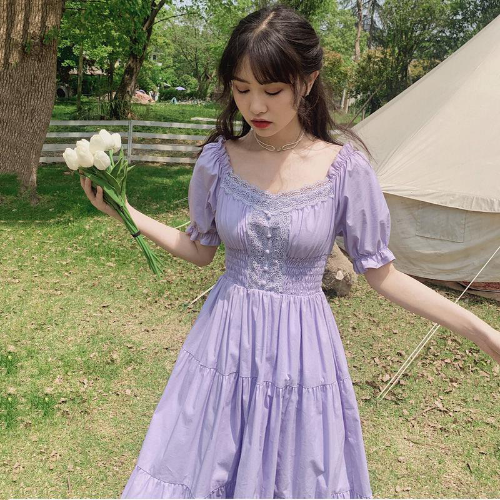 Purple Elegant Long Dress Vintage Cottagecore Female Aesthetic