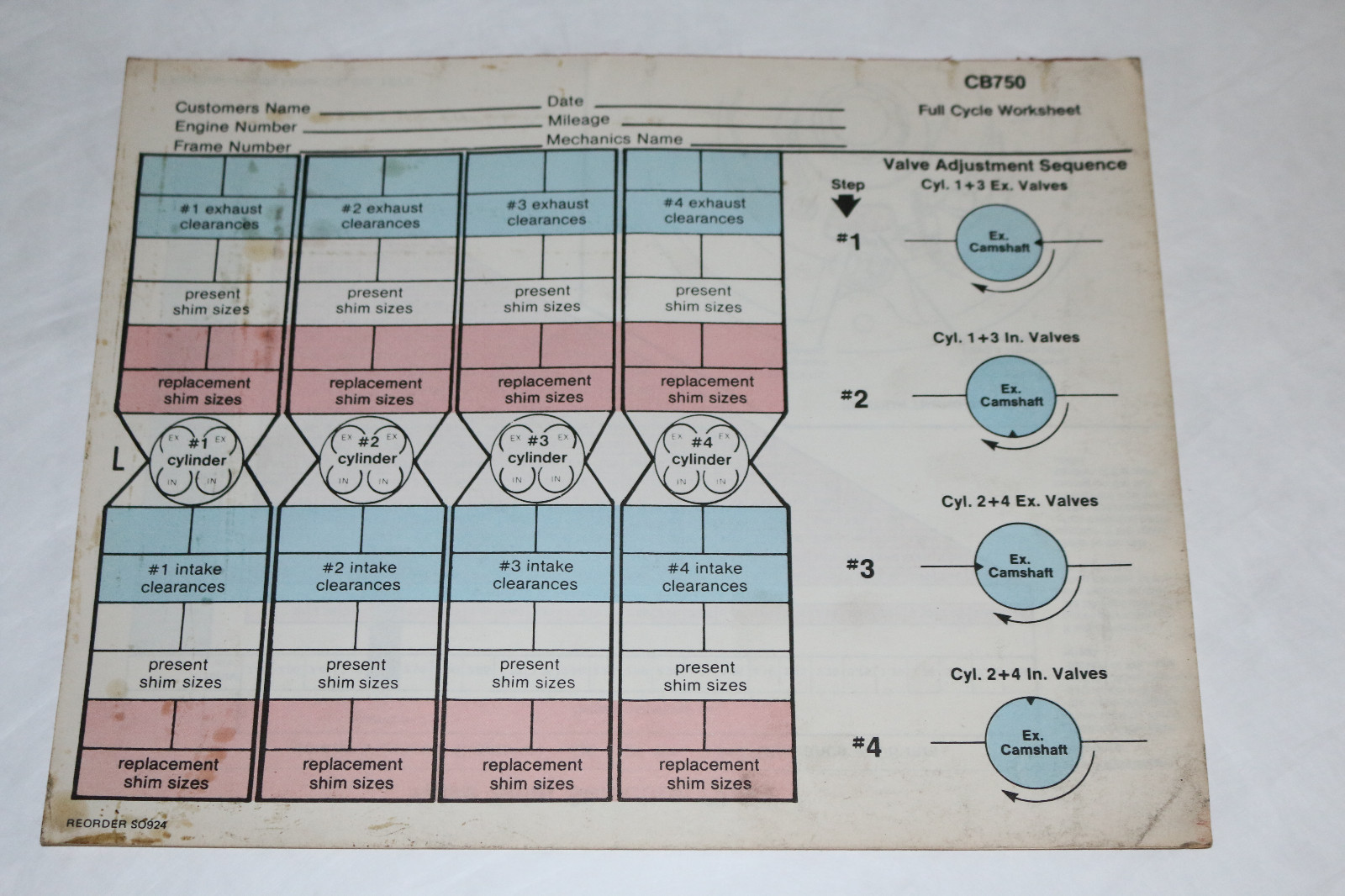 1978 Honda CB750 motorcycle Full Cycle Valve Adjustment Worksheet/shim