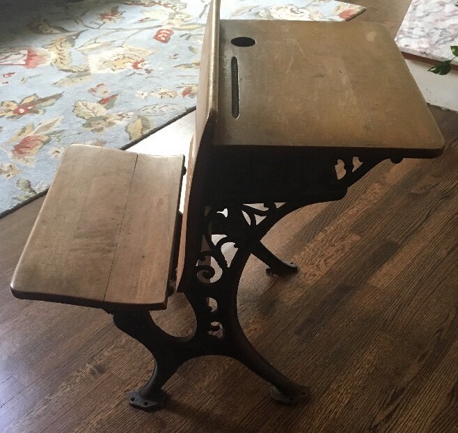 Antique Child's School Desk Wood & Cast Iron With Folding Seat New