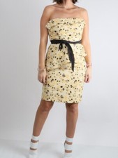 Vera Wang Lavender Yellow Floral Peplum Strapless Dress Sz 4 Black Bow Cocktail