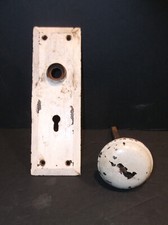 Vintage Antique White Metal Door Plate Cover Knob Spindle Salvage Hardware