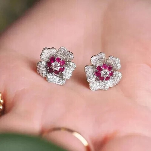 2Ct Round Cut Simulated Ruby Flower Stud For Women's 14k White Gold Plated - Picture 5 of 7