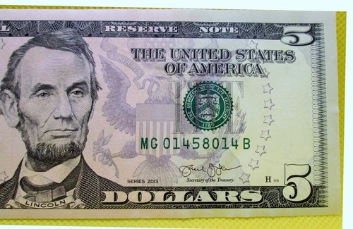 MG 014/58/014 B Federal US Five Dollar Bill_2013_Fancy Serial #_Bookend 3 Digit_ - Picture 2 of 5