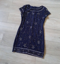 Boohoo Navy Blue Beaded Knee Length Sheer Tunic Dress Occasion Party Evening UK8