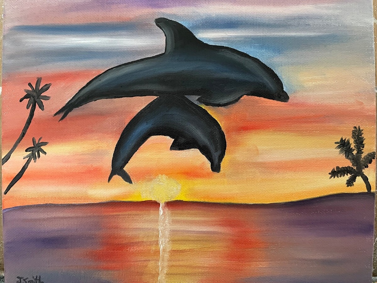 Original oil painting 8 x 10 inches dolphins jumping At sunset | eBay
