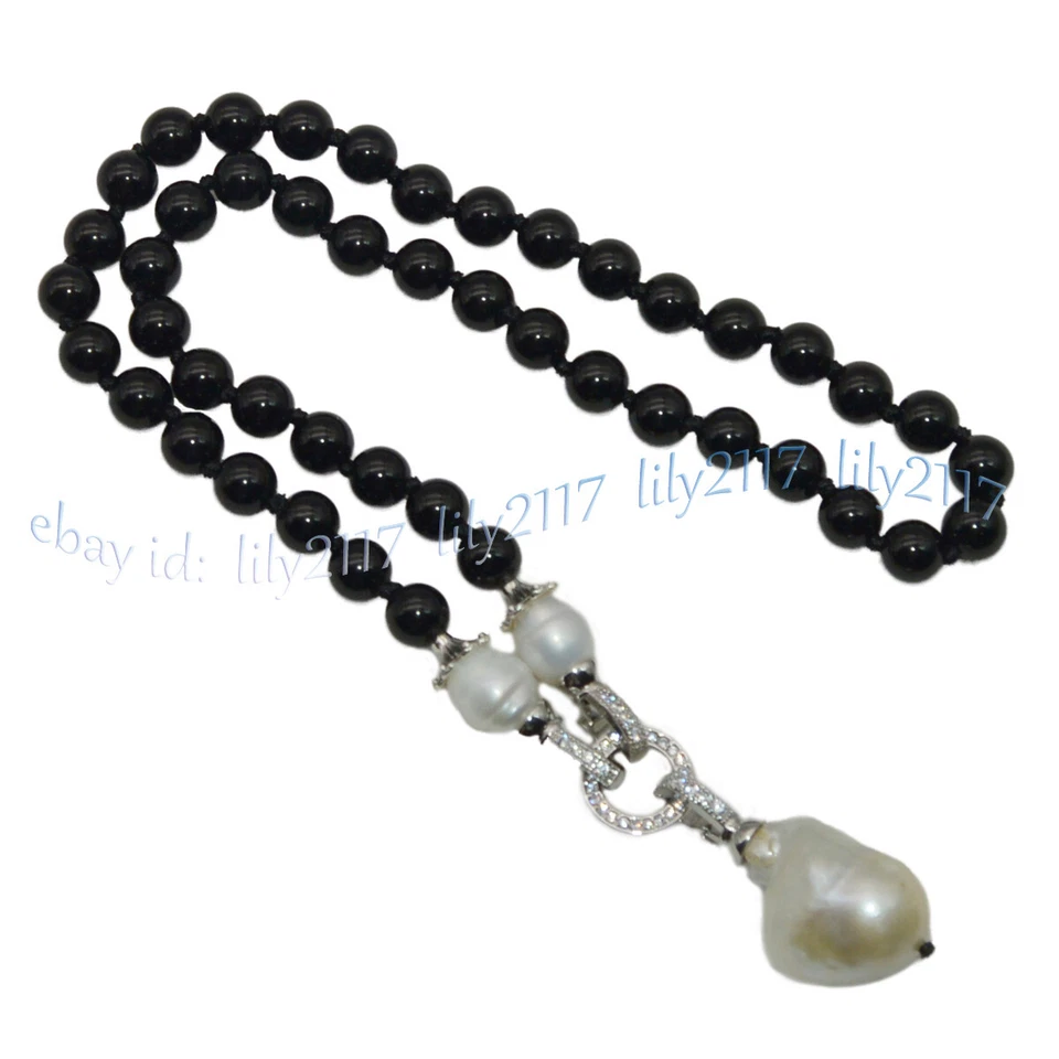 6/8/10/12 毫米黑色玛瑙宝石天然白色克西巴洛克珍珠吊坠项链 — 第 2/4 张图片