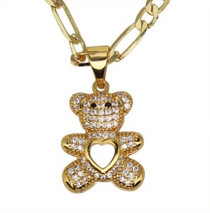 Authentic Small Teddy Bear CZ Pendant 20" Figaro Necklace 14k Gold Plated Womens Jewelry