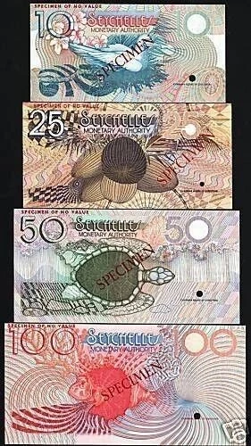 Islas Seychelles 10 25 50 100 RUPIAS P-23 24 25 26 1979 "ESPECIMEN" BILLETE SIN CIRCULAR Foto 3 de 3