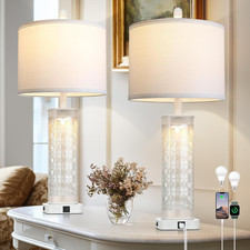 Modern 28" White Glass Table Lamp Set of 2 with USB Ports  Night Light