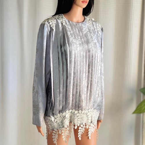 Vintage 80s Jessica McClintock Gray Silk Pleated Lace Blouse Cottage Coquette 10 - Image 1