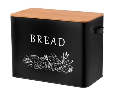 Bread Box with Wooden Lid, 13.1  x 7.2  x 9.7  Metal Bread Container Storage ...