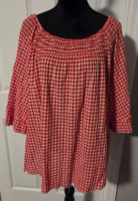 Democracy Red Gingham Peasant Blouse Top Womens Plus Size 2X NWOT 3/4 Sleeve - Image 1 of 4