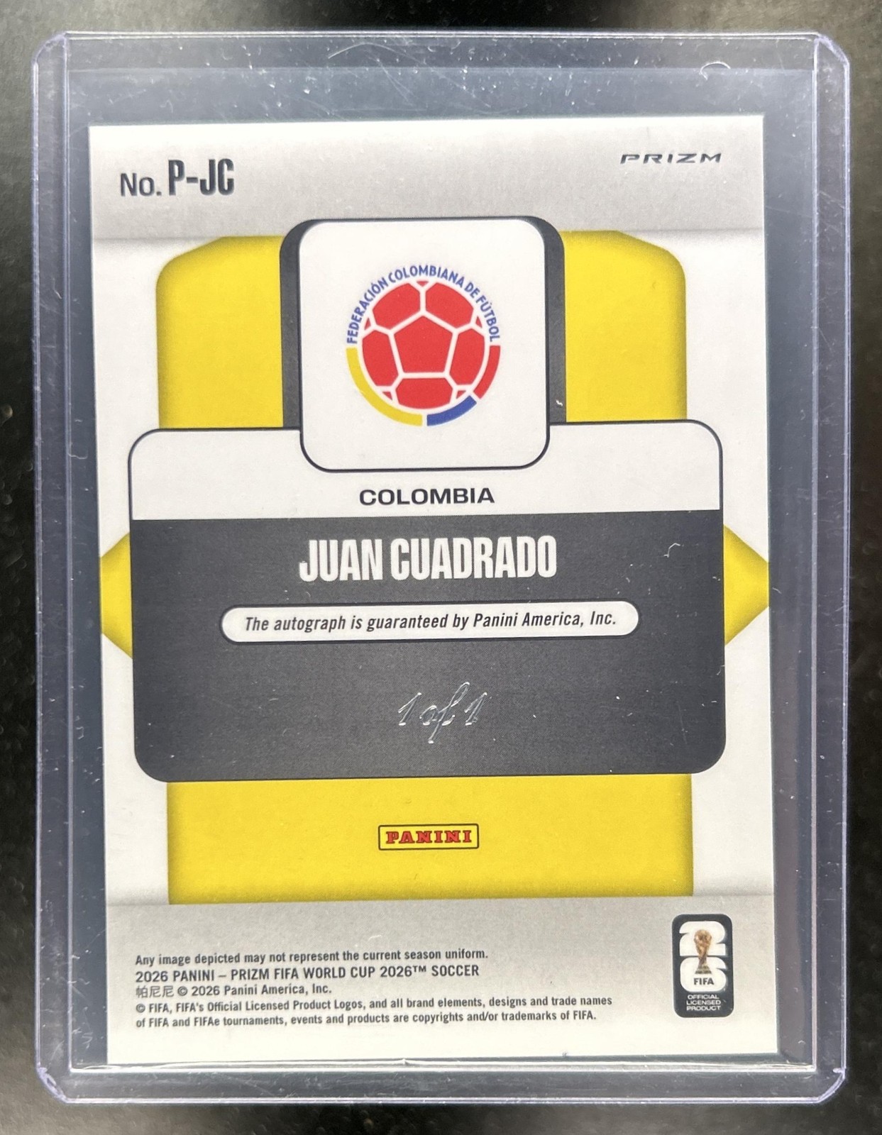 2026 Panini Prizm World Cup Juan Cuadrado Penmanship Black Auto #1/1 Colombia view 2