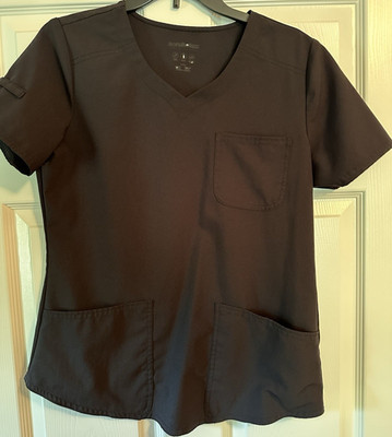 Scrubstar Women's Black Solid Scrub Top S/M Short Sleeve V-Neck Multiple Pockets