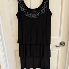 Tiana B. Black Dress Sleeveless Layered Silver Swirl Accents Aline Tiered USA M