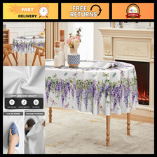 Spring Tablecloth 60x84" Oval, Purple Wisteria Dragonfly Leaves, Washable Decor
