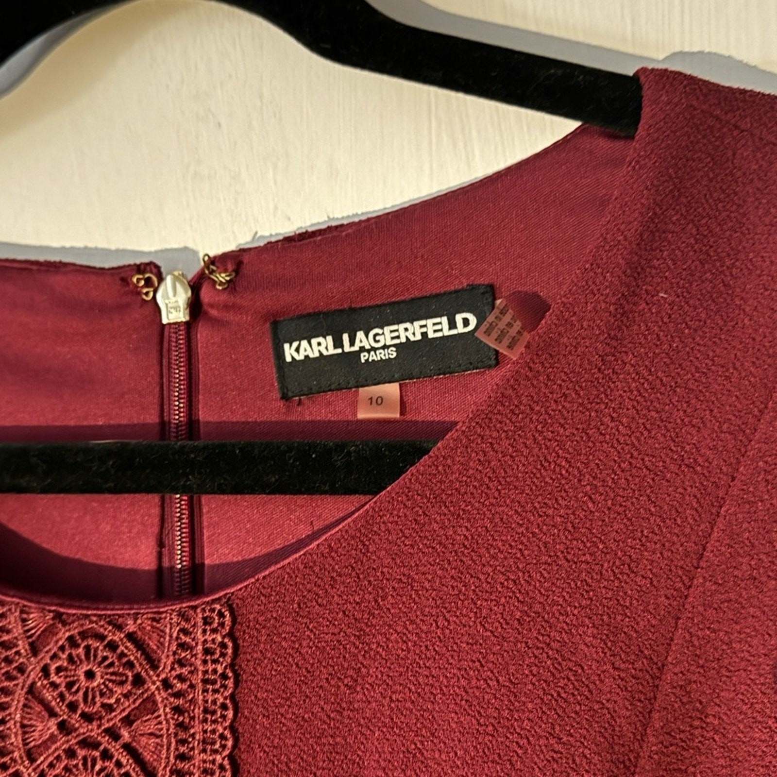 Karl Lagerfeld Lace Embroidered Dress Womens 10 Burgundy Wedding Guest Modest