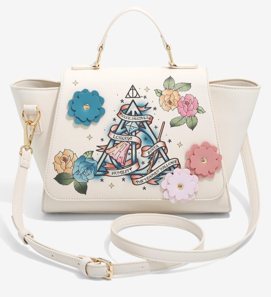 NWT Harry Potter Deathly Hollows Logo Floral Applique Crossbody